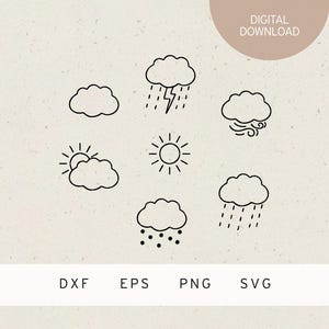 May include: A digital download graphic featuring weather icons: clouds, rain, sun, and wind. The image includes the text "DIGITAL DOWNLOAD" and file type options: DXF, EPS, PNG, and SVG. The icons are black line drawings on a beige background.