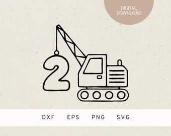 Plotter file | 2 | caterpillar crane | SVG | DXF | PNG | Eps | children's birthday party construction site vehicle | 2nd birthday invitation