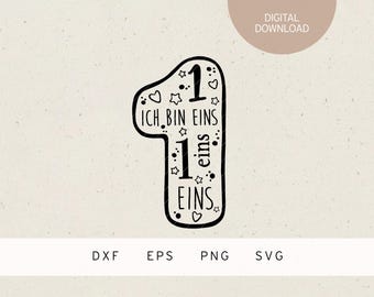 Op de afbeelding: Zwart-wit grafisch ontwerp van het nummer één met sterren en harten. De tekst luidt "Ich bin eins eins".