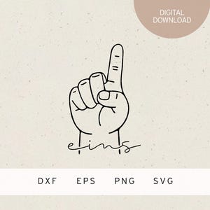 以下が含まれることがあります： デジタルダウンロードのグラフィック。人差し指を上に向けた手は黒い線で描かれています。「eins」という単語が手の下に筆記体で書かれています。画像はベージュの背景にあり、上部に「DIGITAL DOWNLOAD」という言葉が円で囲まれています。