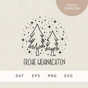 May include: Black and white illustration of two stylized Christmas trees with stars, surrounded by small dots. The text "Frohe Weihnachten" is below the trees.