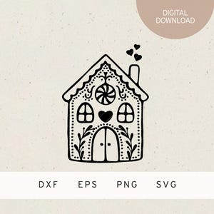 May include: Black and white line art illustration of a gingerbread house with candy details and hearts above the roof.  The image is for digital download.