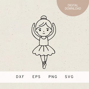 May include: A black and white line drawing of a ballerina with her arms raised above her head. She is wearing a tutu and ballet shoes. The words "DIGITAL DOWNLOAD" are above the ballerina. Below the ballerina are the words "DXF EPS PNG SVG".