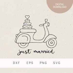 File del plotter | Scooter con torta nuziale | SVG | File PDF | PNG | EPS | Matrimonio | coppia sposata | Matrimonio |  Matrimonio | Regalo | Matrimonio | Cuore | Amore