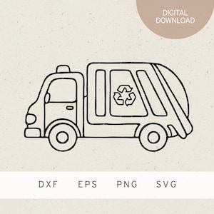 Könnte beinhalten: Schwarz-weiße Strichzeichnung eines Müllwagens mit einem Recycling-Symbol. Das Bild enthält die Wörter "DIGITALER DOWNLOAD" und Dateityp-Abkürzungen: DXF, EPS, PNG und SVG.