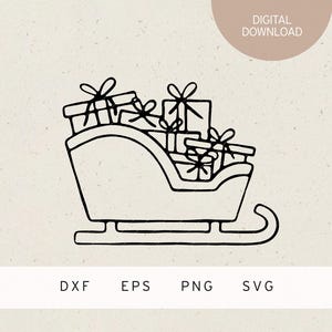 May include: A black and white line drawing of a sleigh filled with presents. The sleigh has a curved back and a rounded bottom. The presents are stacked on top of each other and have bows on top.