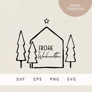 May include: Black and white line art illustration of a house with a star on top and two Christmas trees on either side. The text "Frohe Weihnachten" is written inside the house.