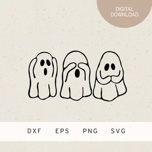 May include: Three black and white cartoon ghosts with different expressions. The ghost on the left is covering its eyes with its hands, the ghost in the middle is covering its ears with its hands, and the ghost on the right is covering its mouth with its hands.