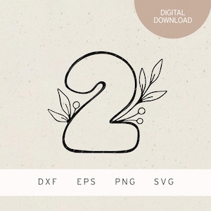 Pode incluir: Ilustração a traço preto do número 2, adornada com elementos florais, folhas e bagas. O texto "DOWNLOAD DIGITAL" está num círculo no topo. Os formatos de arquivo DXF, EPS, PNG e SVG também são exibidos.