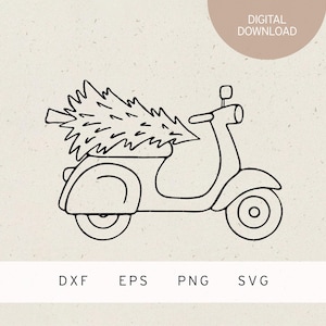 May include: A black and white line drawing of a scooter carrying a Christmas tree. The scooter has a rounded front and a single seat. The tree is tall and slender, with a star on top.