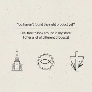K&ouml;nnte beinhalten: Eine Schwarzwei&szlig;illustration einer Kirche, eines Fisches in einem Kranz und eines Kreuzes mit Bl&auml;ttern. Der Text lautet "Sie haben das richtige Produkt noch nicht gefunden? Schauen Sie sich in meinem Shop um! Ich biete viele verschiedene Produkte an!"