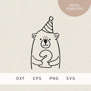 Plotterbestand | 2 jaar | Beer met feesthoed | SVG | DXF | PNG | Eps | tweede verjaardagsfeestje | 2e kinderverjaardag | Verjaardagsbaby beer