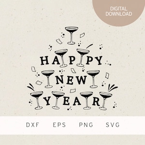 Plotterbestand | gelukkig nieuwjaar | Champagneglazen | SVG | DXF | PNG | Eps | Nieuwjaar | Feestdecoratie op oudejaarsavond | Vuurwerk | Nieuwjaar