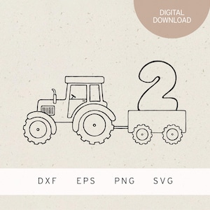 Plotterbestand | 2 | Trekker met aanhanger | SVG | DXF-bestand | PNG-bestand | EPS | Kinderfeestje | Bouwvoertuig landbouw | Boerderij | 2e verjaardag