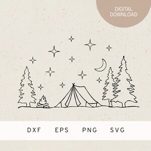Könnte beinhalten: Linienkunst-Illustration einer Camping-Szene mit einem Zelt, Bäumen, einem Lagerfeuer und einem Halbmond mit Sternen am Himmel.