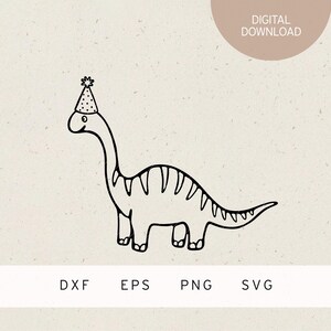 May include: A black and white line drawing of a dinosaur wearing a party hat. The dinosaur has a long neck and a striped back. The words "DIGITAL DOWNLOAD" are above the dinosaur. Below the dinosaur are the words "DXF EPS PNG SVG".
