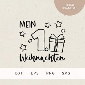 May include: Black and white illustration of a gift box with a bow, a star, and the text "Mein 1. Weihnachten".