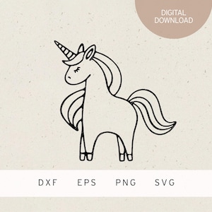 May include: A black and white line drawing of a unicorn with a horn, mane, and tail. The image is labeled "DIGITAL DOWNLOAD" and includes file type abbreviations: DXF, EPS, PNG, and SVG.