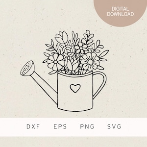 Fichier traceur | Bouquet de fleurs dans un arrosoir | SVG | DXF | PNG | EPS | Printemps | Pâques | Lapin de Pâques | Oeufs de Pâques Panier de Pâques | Le temps de Pâques | Fleurs