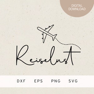 Può includere: Disegno a linea in bianco e nero di un aereo con una scia di punti e la parola "Reiselust" scritta in corsivo.