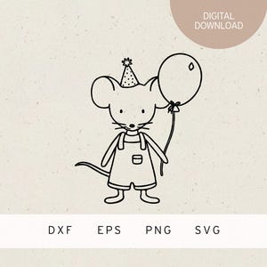 fichier traceur | Souris avec chapeau de fête et ballon | SVG | Format DXF | PNG | EPS | Souris | Fête d'anniversaire | anniversaire d'enfant | fête d'anniversaire