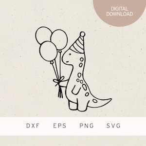 Plotterdatei | Dino mit Partyhut und Luftballons | SVG | DXF | PNG | Eps | Party | Kindergeburtstag | Dinosaurier | Geburtstag Einladung