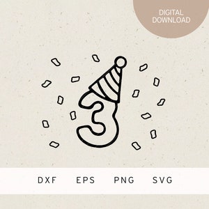 Plotterdatei | 3 | Partyhut | SVG | DXF | PNG | Eps | Geburtstag | 3. Geburtstag | Party | Feier | Kindergeburtstag | Geschenke | Freunde