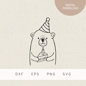 Plotterdatei | Bärchen mit Partyhut und Torte | SVG | DXF | PNG | Eps | runder Geburtstag | Party | Kindergeburtstag | Geburtstagstorte Bär