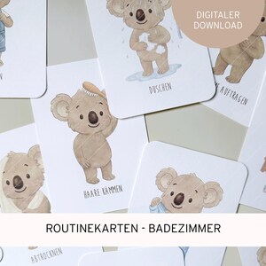 Badrumsrutinkort för barn | Utskrivbara i A6/A7 | 12 handritade mönster med koalor | Morgonrutin Kvällsrutin Flashcards