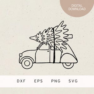 May include: A black and white line drawing of a classic car carrying a Christmas tree on its roof. The words "DIGITAL DOWNLOAD" are in a circle at the top. Below the car are the letters "DXF EPS PNG SVG".