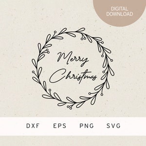 Könnte beinhalten: Schwarz-weiß-Linienkunst-Illustration eines Kranzes mit dem Text "Merry Christmas" im Inneren.