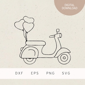 Archivo de trazador | Scooter con globos de corazón | SVG | Archivo DXF | PNG | EPS | Boda | pareja casada | Matrimonio |  Matrimonio | Regalo | Luna de miel | Corazón | Amar
