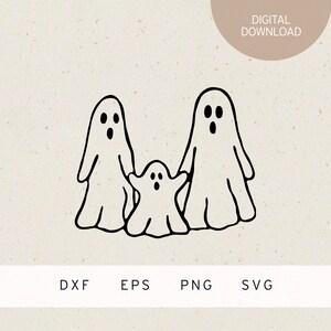 May include: A black and white line drawing of three ghosts. Two larger ghosts are standing side by side, with a smaller ghost standing between them. The ghosts have simple facial features, including eyes and mouths.