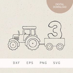 Plotterbestand | 3 | Trekker met aanhanger | SVG | DXF-bestand | PNG-bestand | EPS | Kinderfeestje | Bouwvoertuig landbouw | Boerderij | 3e verjaardag