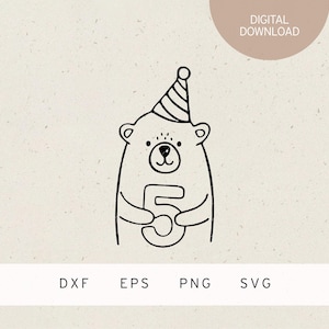 以下が含まれることがあります： パーティーハットをかぶり、数字の5を持っているクマの白黒線画。上部には「デジタルダウンロード」という文字が円で囲まれています。クマの下には「DXF EPS PNG SVG」の文字があります。