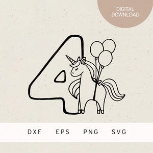 Plotterdatei | 4 | Einhorn mit Luftballons | SVG | DXF | PNG | Eps | Kindergeburtstag Fabelwesen | 4. Geburtstag Einladung Einhorngeburtstag