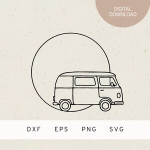 May include: A black and white line drawing of a vintage van inside a circle. The words "DIGITAL DOWNLOAD" are above the circle. Below the van are the words "DXF EPS PNG SVG".