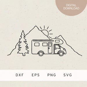 Könnte beinhalten: Eine schwarze Strichzeichnung eines Wohnmobils, Berge, eine Sonne und eine Kiefer. Die Worte "DIGITALER DOWNLOAD" stehen in einem Kreis oben. Unten sind die Dateitypen: DXF, EPS, PNG und SVG.