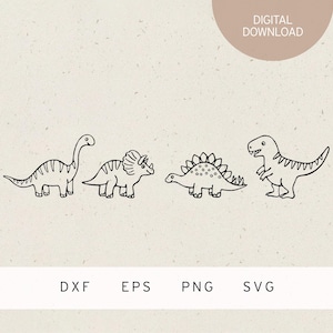 May include: A set of four black and white dinosaur illustrations. The dinosaurs include a stegosaurus, a triceratops, a brachiosaurus, and a tyrannosaurus rex.