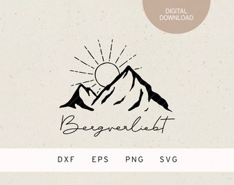 Op de afbeelding: Zwart-witte illustratie van een bergketen met een zon erachter. De tekst "Bergverliebt" is in cursief onder de bergketen geschreven.