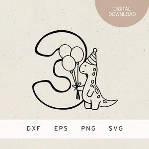 Fichier traceur | 3 | Dino avec chapeau de fête et ballons | SVG | DXF | PNG | EPS | Anniversaire des enfants | Dinosaures | invitation 3ème anniversaire