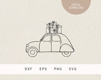 plotter file | retro christmas car with gifts | SVG | DXF | PNG | Eps | fir tree | snow | winter | presents | advent | xmas | family friends