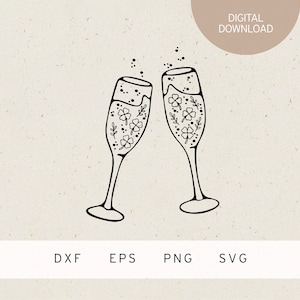 Fichier traceur | Verres à champagne avec feuilles de trèfle | SVG | DXF | PNG | EPS | Nouvel An | Réveillon du Nouvel An | anniversaire | Feux d'artifice | Nouvel An | 2024