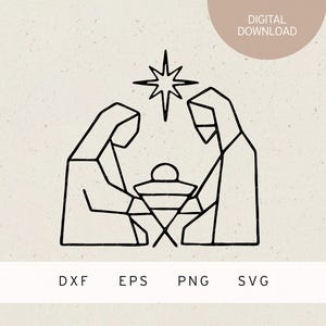 May include: A black line art illustration of the Nativity scene, featuring Mary, Joseph, and baby Jesus in a manger, with a star above. The words "DIGITAL DOWNLOAD" are in a circle at the top. Below are the file types: DXF, EPS, PNG, SVG.