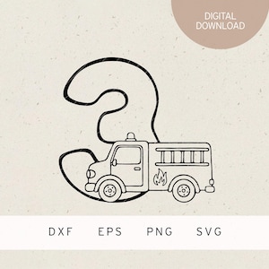 May include: Black and white line art illustration of a fire truck with the number 3. The image includes the text "DIGITAL DOWNLOAD" and file type options: DXF, EPS, PNG, and SVG.