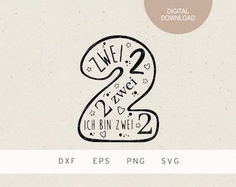 Op de afbeelding: Zwart-wit grafisch ontwerp met het nummer twee met de tekst "Zwei" en "Ich bin Zwei" in een cirkel. Het ontwerp is perfect voor een tweede verjaardag of andere viering.