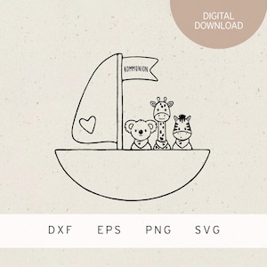 Puede incluir: Ilustración en blanco y negro de un barco con una vela con un corazón y una pancarta con la palabra "KOMMUNION". El barco transporta un koala, una jirafa y una cebra. El texto "DESCARGA DIGITAL" está arriba.