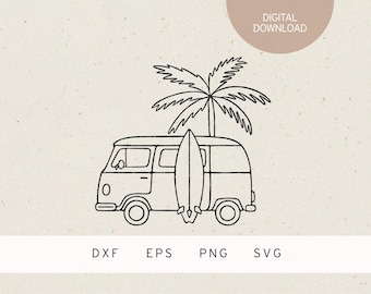Plotter file | retro van with surfboard | palm tree | SVG | DXF | PNG | Eps | travel summer road trip campervan | beach vacations | van life
