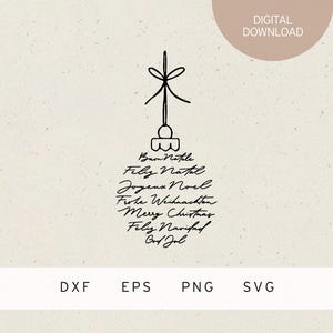 Könnte beinhalten: Schwarz-weiß-Linienzeichnung einer Weihnachtsbaumkugel mit dem Text "Buon Natale", "Feliz Natal", "Joyeux Noel", "Frohe Weihnachten", "Merry Christmas", "Feliz Navidad" und "God Jul" drumherum.