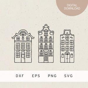 May include: Three black and white line drawings of houses with gabled roofs and windows. The houses are in a simple, minimalist style. The text "DIGITAL DOWNLOAD" appears above the houses. The text "DXF EPS PNG SVG" appears below the houses.